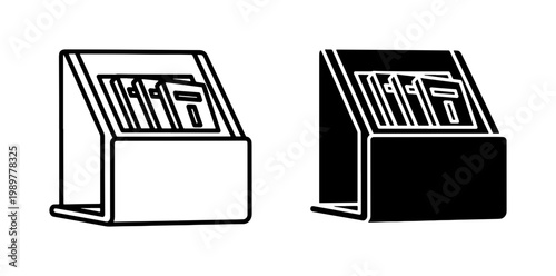 Minimalist magazine rack icons, black and white brochure display stand vector, retail literature holder set for marketing and office use