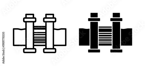 Industrial expansion joint vector icons, metal pipe bellows coupling symbols, plumbing and heating system pipe connector set in line and silhouette style
