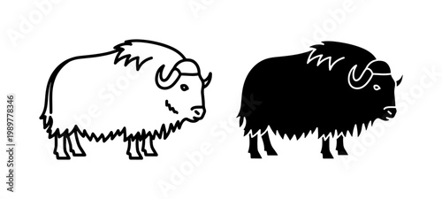 Minimalist musk ox vector icons, black and white arctic animal silhouettes, muskox line art illustrations for educational nature graphics