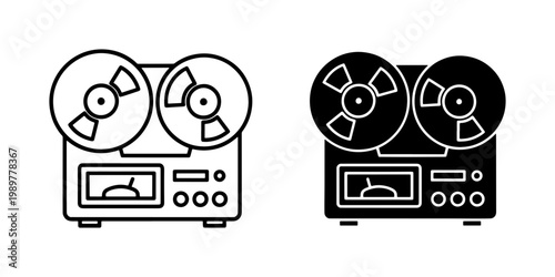 Vintage reel to reel tape recorder icons, retro analog audio player vector set, classic magnetic tape deck line and silhouette graphics