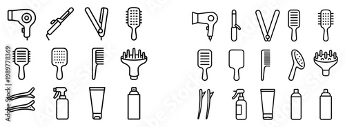 Grooming icons with hairdryer brush comb flat outline