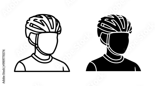 Cyclist avatar icon set, bicycle helmet safety equipment vector, minimalist athlete head profile in line and silhouette styles for sports apps