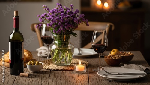 A romantic dinner setup with wine, flowers, and candlelight on a wooden table
