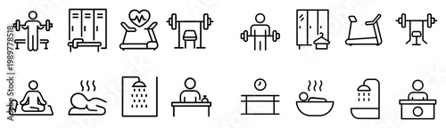 Fitness icons with dumbbell locker treadmill minimal