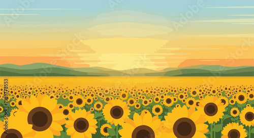Vast Sunflower Field at Sunset with Rolling Hills and Warm Sky