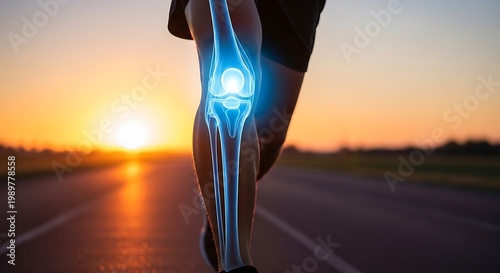 Runner demonstrates glowing skeletal knee joint overlayed against a vivid sunset road scene