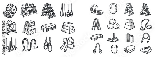 Fitness icons with kettlebell dumbbell rope outline