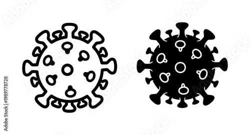 Coronavirus bacteria cell icons, black and white virus vector illustrations, medical microbiology pathogen symbols for healthcare infographics