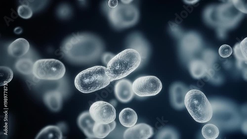 Microscopic view of various bacteria cells floating in a dark blue liquid