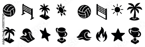 Beach icons with volleyball and palm tree silhouette