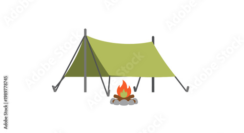 Green tent with camping fire.