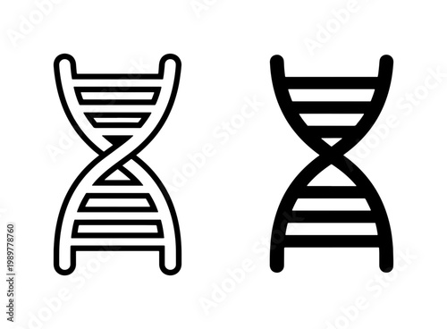 DNA helix icons in outline and solid styles, genetic spiral double helix vector set, medical science and biotechnology research symbols