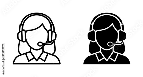 Customer service representative icons set, female call center agent with headset vector, technical support assistant line and silhouette graphics