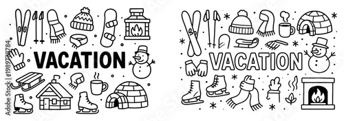 Winter vacation icons with skis snowman igloo outline