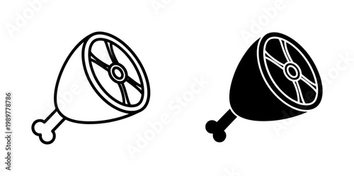 Minimalist ham leg vector icons, black and white meat shank illustrations, smoked pork gammon symbols for butcher shop branding and restaurant menus