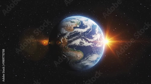 The earth from space with sun shining through atmosphere