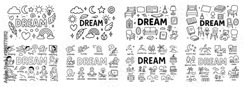 Dream-themed doodles with various activities and icons