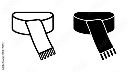 Minimalist winter scarf icon set, black and white wool muffler vector illustrations, cozy neck wrap symbols for cold weather apparel design