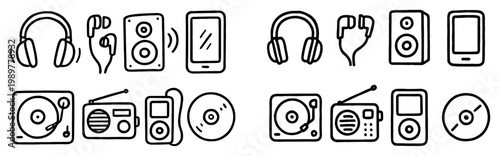 Music icons with headphone speaker turntable outline