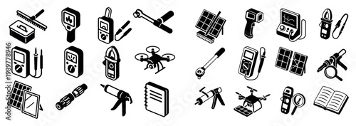 Solar energy icons with drone panels minimal