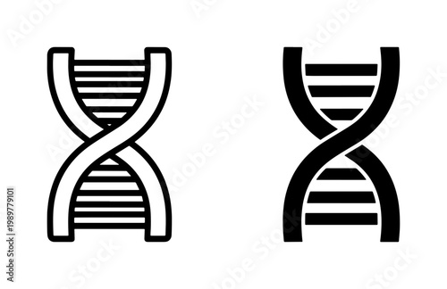 Minimalist DNA helix icons in outline and solid styles, black double helix genetic spiral symbols, medical biotechnology vector set for science research