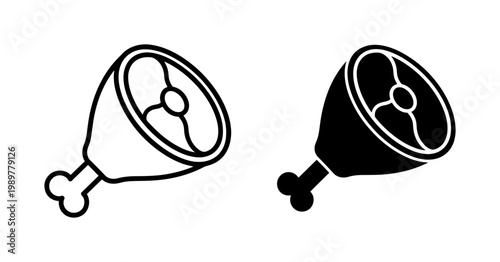 Minimalist ham leg icons on white background, black outline and solid meat on bone vector set, butcher shop and deli food symbols