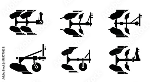 Set of Agricultural Plow Icons: Farming Equipment for Soil Tillage and Cultivation