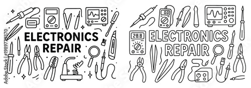 Electronics icons with pliers soldering iron multimeter outline