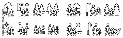 Park icons with people bench tree outline