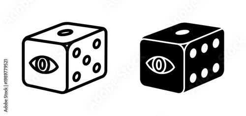 Mystical occult dice vector icons, black and white gambling cubes with eye symbol, esoteric gaming dice set for tabletop RPG and divination
