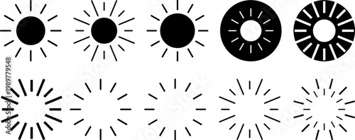 Sunshine Symphony: A collection of stylized sun illustrations in various designs, radiating energy and representing warmth and positivity. 