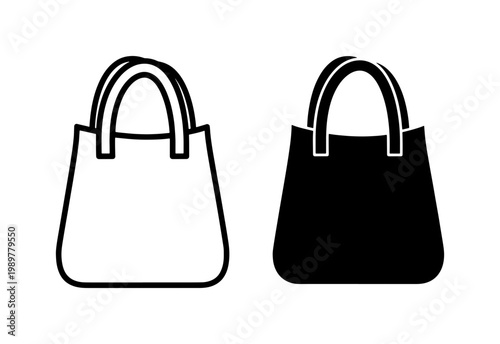 Minimalist shopping bag icons, black and white tote bag vector set, reusable grocery bag symbols for retail and e-commerce design