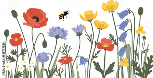 Картината върху платно Colorful Wildflower Meadow with Poppies, Cornflowers, Buttercups, Bluebells, and