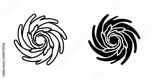 Hurricane weather icons in outline and silhouette styles, spiral storm symbols for meteorology, black and white cyclone vector graphics for climate tracking