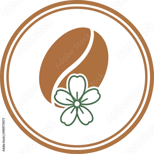 Coffee bean and vanilla flower emblem in an oval frame