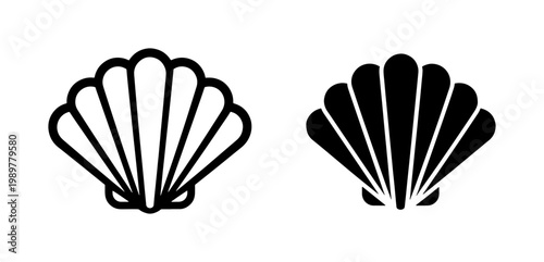 Minimalist seashell icon set, black scallop shell vector illustrations, simple nautical clam shell line art and solid silhouette symbols