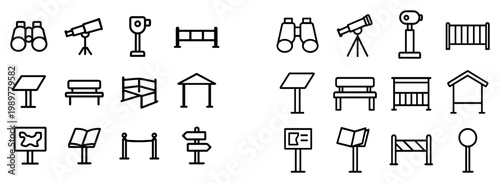 Outdoor icons with bench telescope sign outline