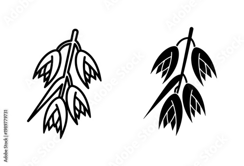 Minimalist oat branch vector icons, organic cereal grain stalks in outline and solid black style, natural wheat ear botanical elements
