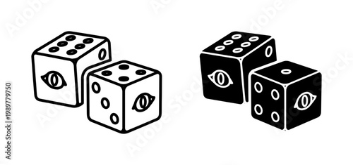 Mystical occult dice with eye symbols, esoteric gambling cubes in line art and silhouette styles, magic game dice vector icons for tabletop gaming