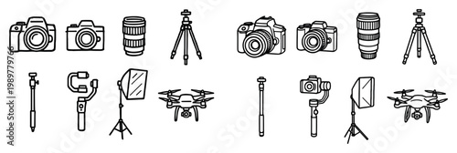 Photography icons with camera lens and drone outline