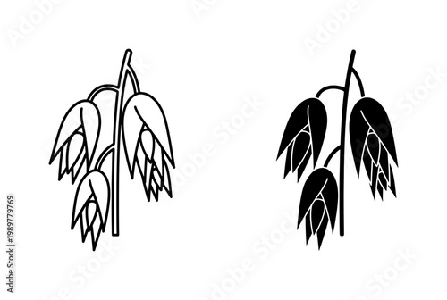 Minimalist oat plant vector icons, black and white cereal grain stalks, organic oatmeal seed illustrations for food packaging and healthy diet branding