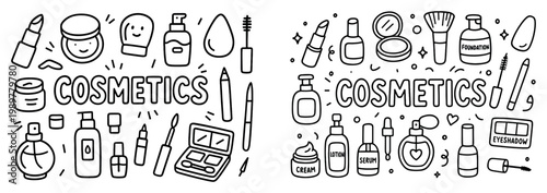 Cosmetics icons with lipstick brush bottle sketch