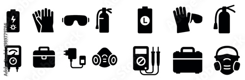 Safety icons with battery glove extinguisher flat