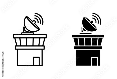 Airport control tower icons, aviation radar station vector set, air traffic control building with satellite dish, black line and silhouette graphics