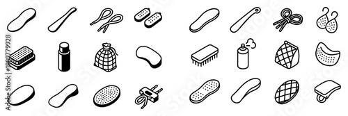 Personal care icons with sponge brush bottle outline