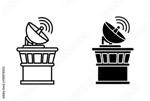 Airport control tower icons with satellite dish, air traffic control station vector set, telecommunication radar tower symbols for aviation and navigation
