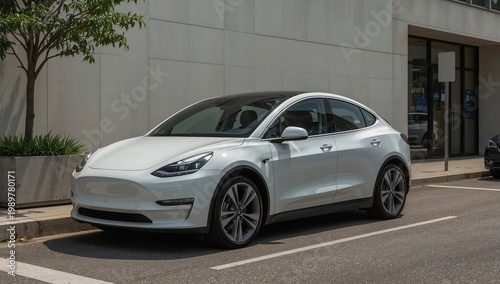 Modern white electric car parked urban street environment with sleek design and glass roof reflects sustainable transportation trends