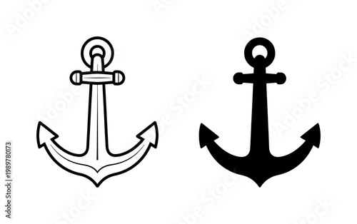 Nautical ship anchor vector icons, black silhouette and outline maritime symbols, minimalist marine equipment set for logo design and sailing branding