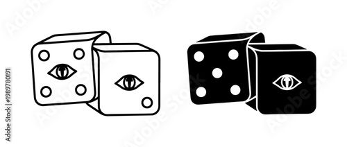 Mystical dice vector set with occult eye symbols, black and white gambling cubes, esoteric gaming icons for tarot and divination