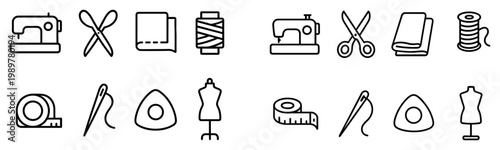 Sewing icons with machine scissors needle outline